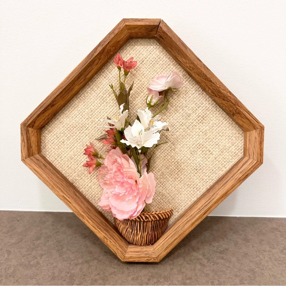 Vintage 3D Flower Wall Art Hexagonal Wooden Frame Pink White Floral Arrangement